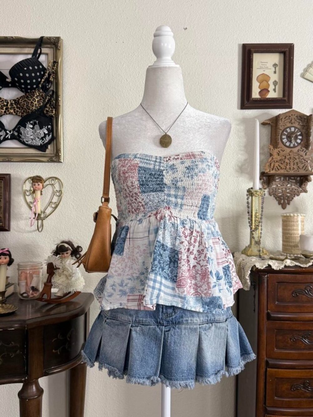 Whimsical quirky farmer’s daughter patchwork plaid and floral babydoll tube top